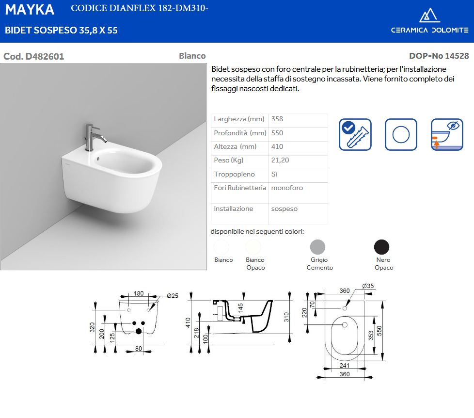 Bidet sospeso nero opaco Dolomite Mayka