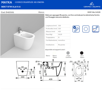 Bidet filo muro BTW bianco Dolomite Mayka