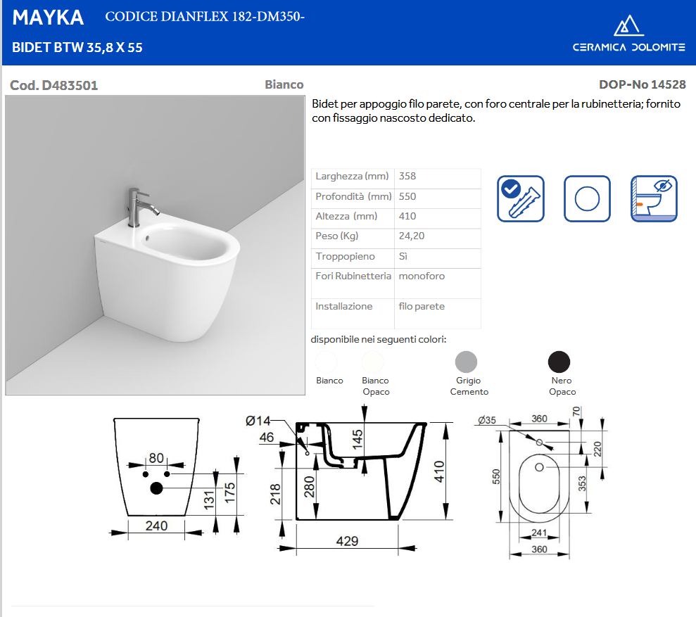 Bidet filo muro BTW bianco opaco Dolomite Mayka