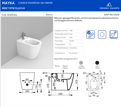 Bidet filo muro BTW bianco opaco Dolomite Mayka