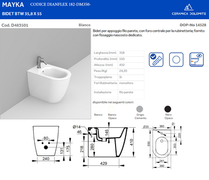 Bidet filo muro BTW grigio cemento Dolomite Mayka