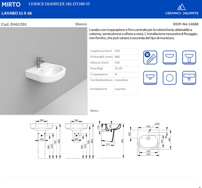 Lavabo monoforo L. 55 cm Dolomite Mirto