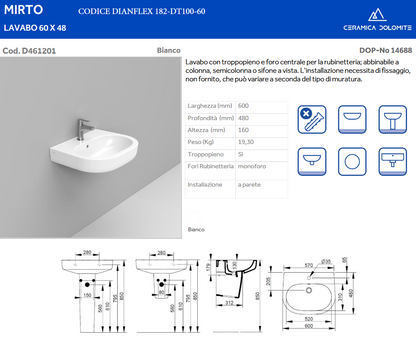 Lavabo monoforo L. 60 cm Dolomite Mirto