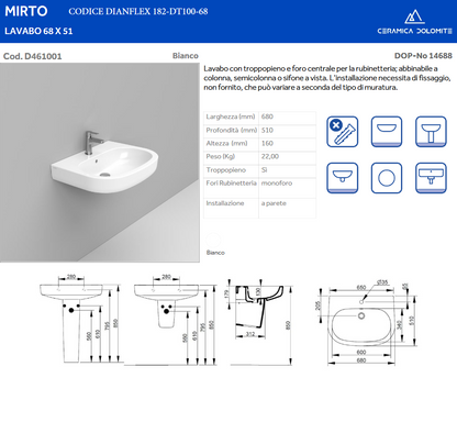 Lavabo monoforo L. 68 cm Dolomite Mirto