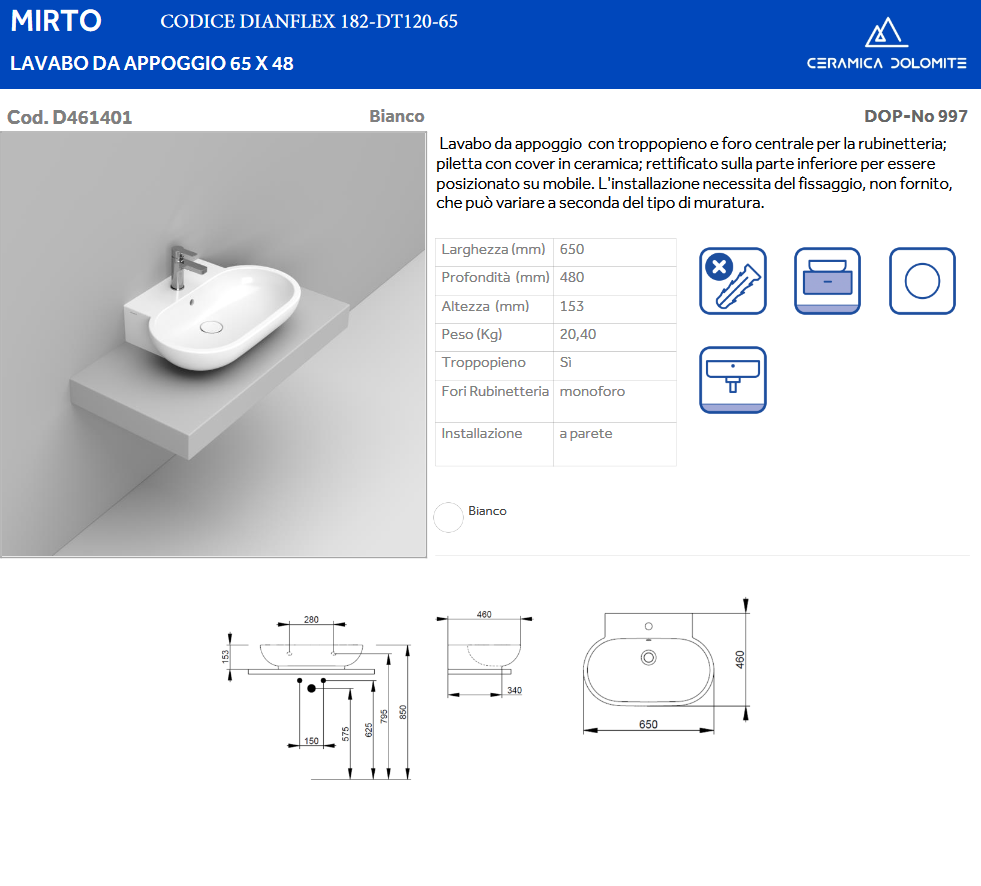 Lavabo monoforo da appoggio L. 65 cm Dolomite Mirto