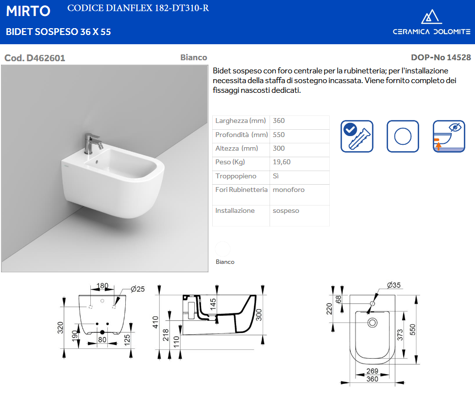 Bidet sospeso erogazione rubinetto Dolomite Mirto