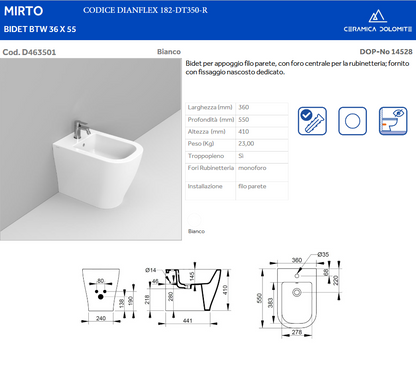 Bidet filo muro BTW erogazione rubinetto Dolomite Mirto