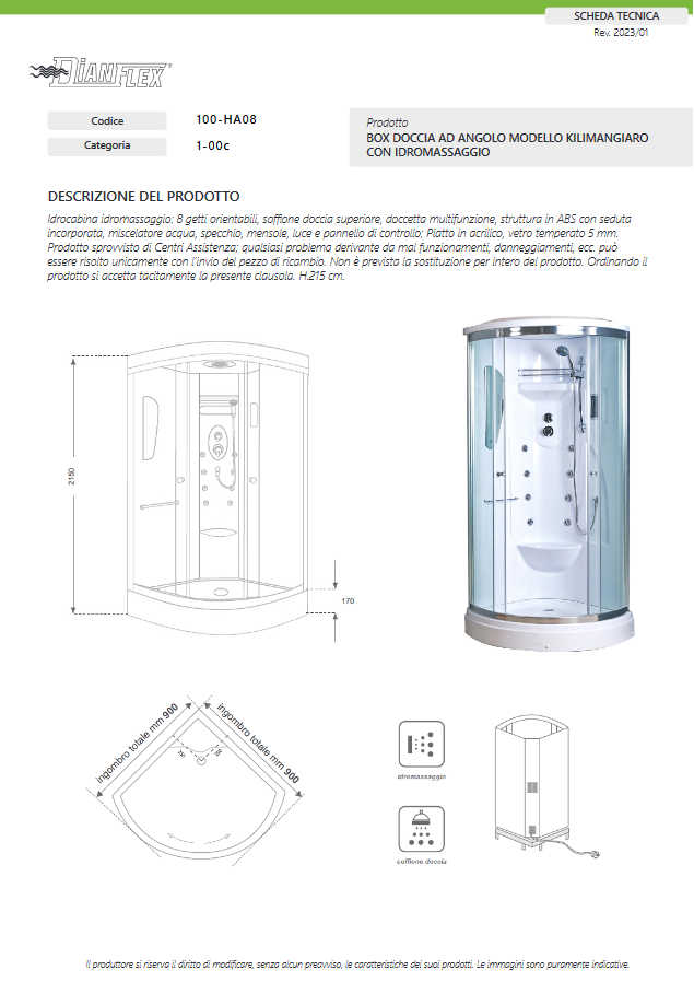 Box doccia ad angolo modello kilimangiaro con idromassaggio 90x90 cm