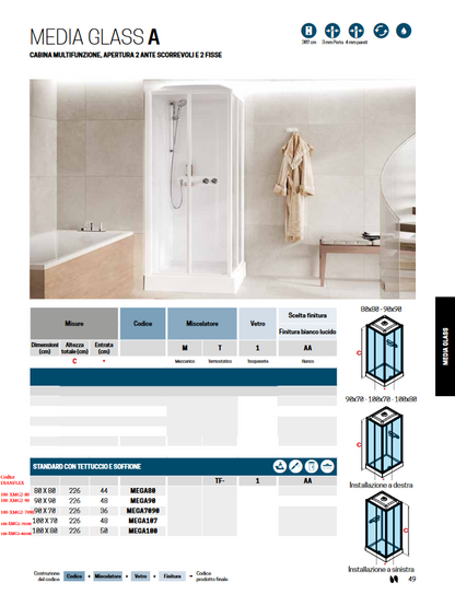 Cabina doccia apertura 2 ante scorrevoli 2 ante fisse cm 80x80 modello MEDIA GLASS A