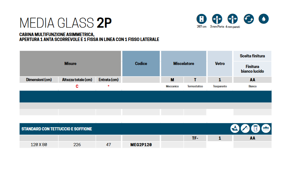 Cabina doccia 1  anta scorrevole e 1 fissa cm 80x120 modello MEDIA GLASS 2P