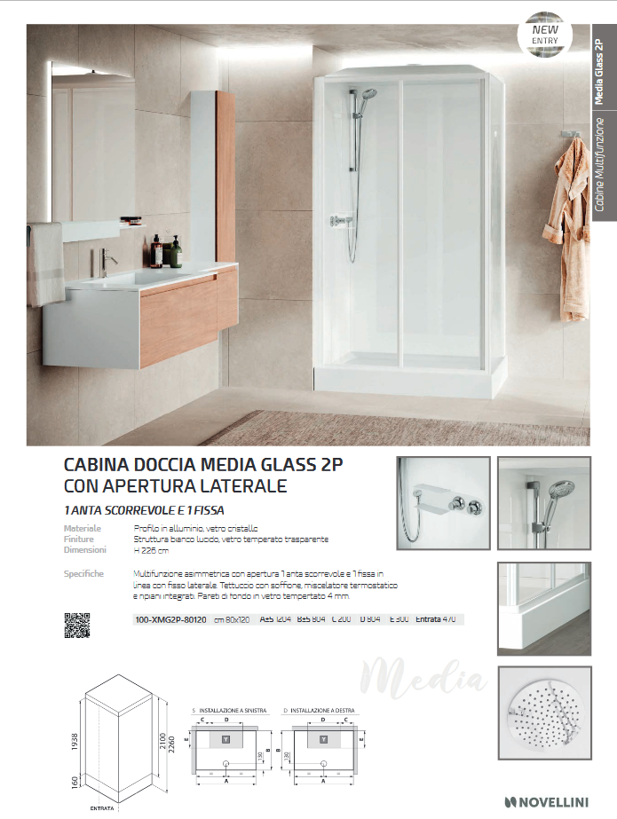 Cabina doccia 1  anta scorrevole e 1 fissa cm 80x120 modello MEDIA GLASS 2P