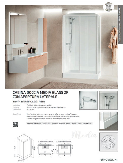 Cabina doccia 1  anta scorrevole e 1 fissa cm 80x120 modello MEDIA GLASS 2P
