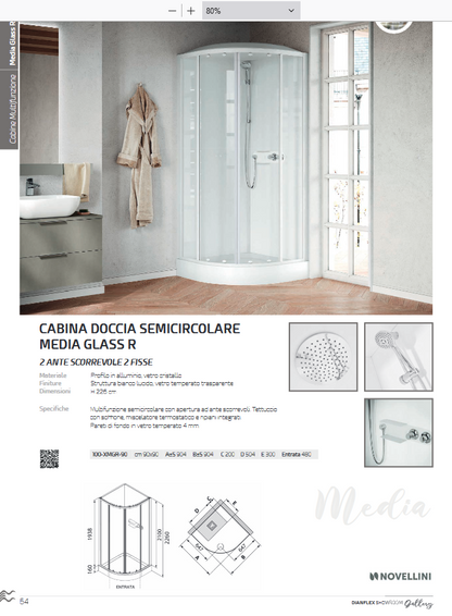 Cabina doccia semicircolare 2 ante scorrevoli 2 fisse cm 90x90 modello MEDIA GLASS 2P