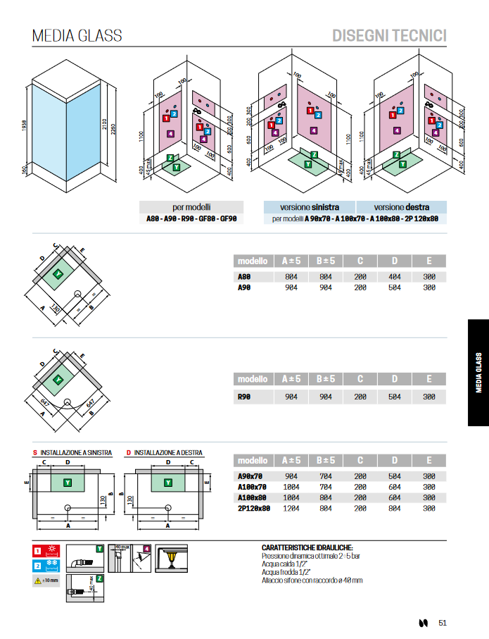 Cabina doccia semicircolare 2 ante scorrevoli 2 fisse cm 90x90 modello MEDIA GLASS 2P