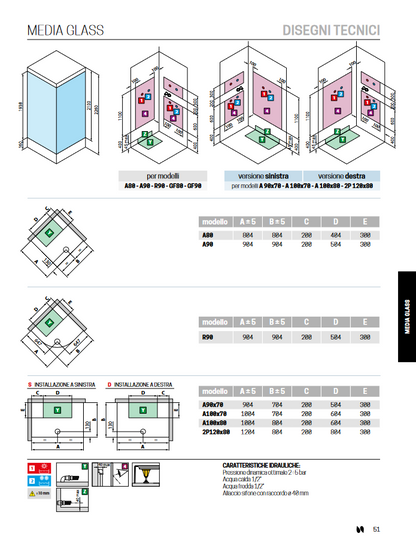 Cabina doccia semicircolare 2 ante scorrevoli 2 fisse cm 90x90 modello MEDIA GLASS 2P