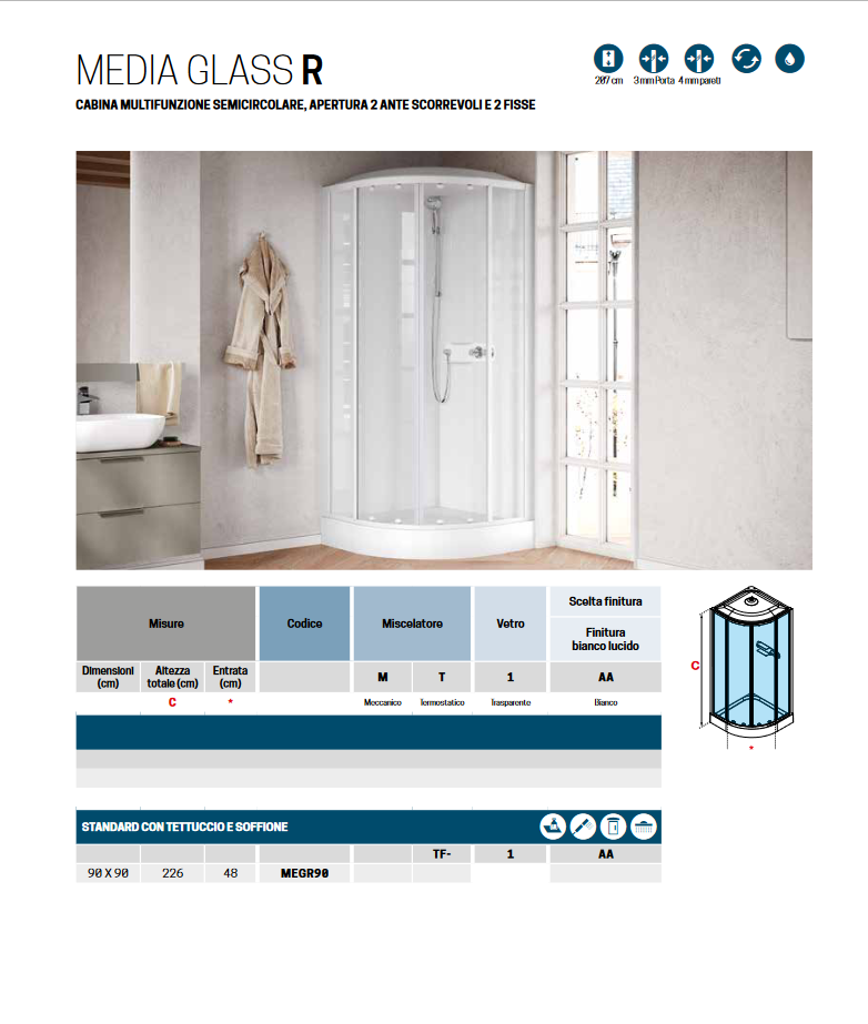 Cabina doccia semicircolare 2 ante scorrevoli 2 fisse cm 90x90 modello MEDIA GLASS 2P