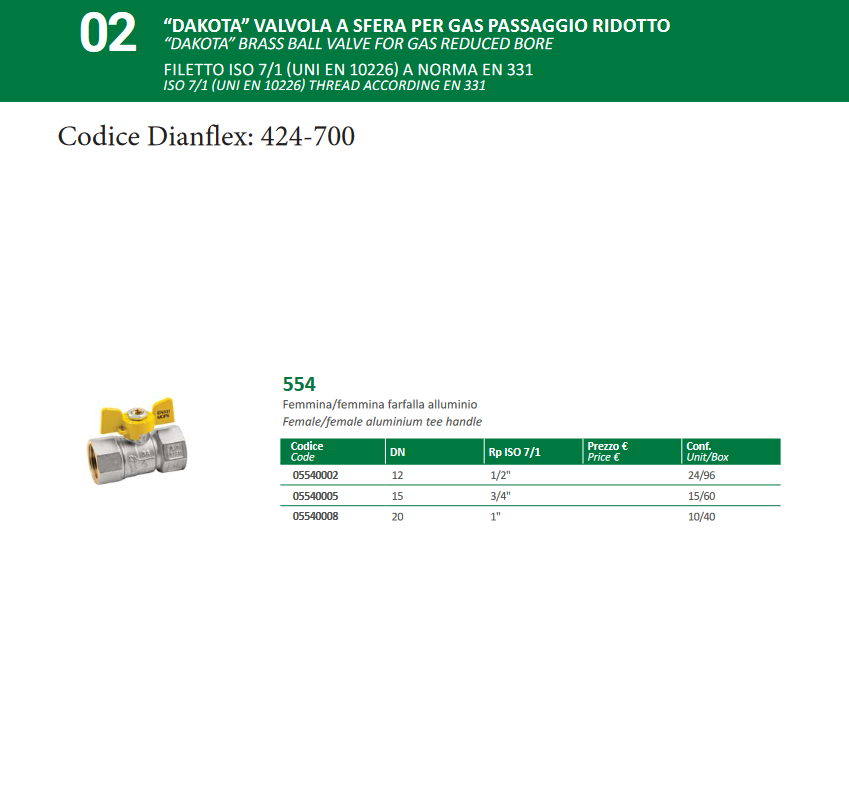 Valvola a sfera gas FF con farfalla Mod. Dakota 1" DN 20