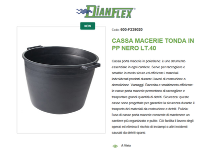 Cassa macerie  tonda in PP Nero LT. 40 mm 450x350x355