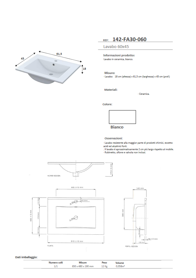 Lavabo consolle in ceramica