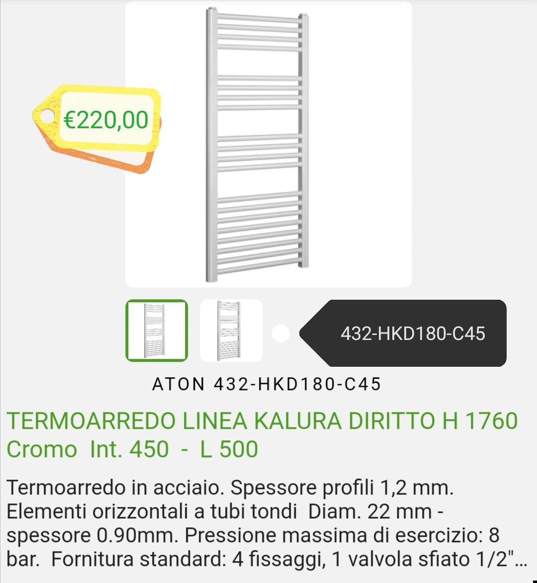 Termoarredo Kalura Cromo Diritto H.1760 Int.450