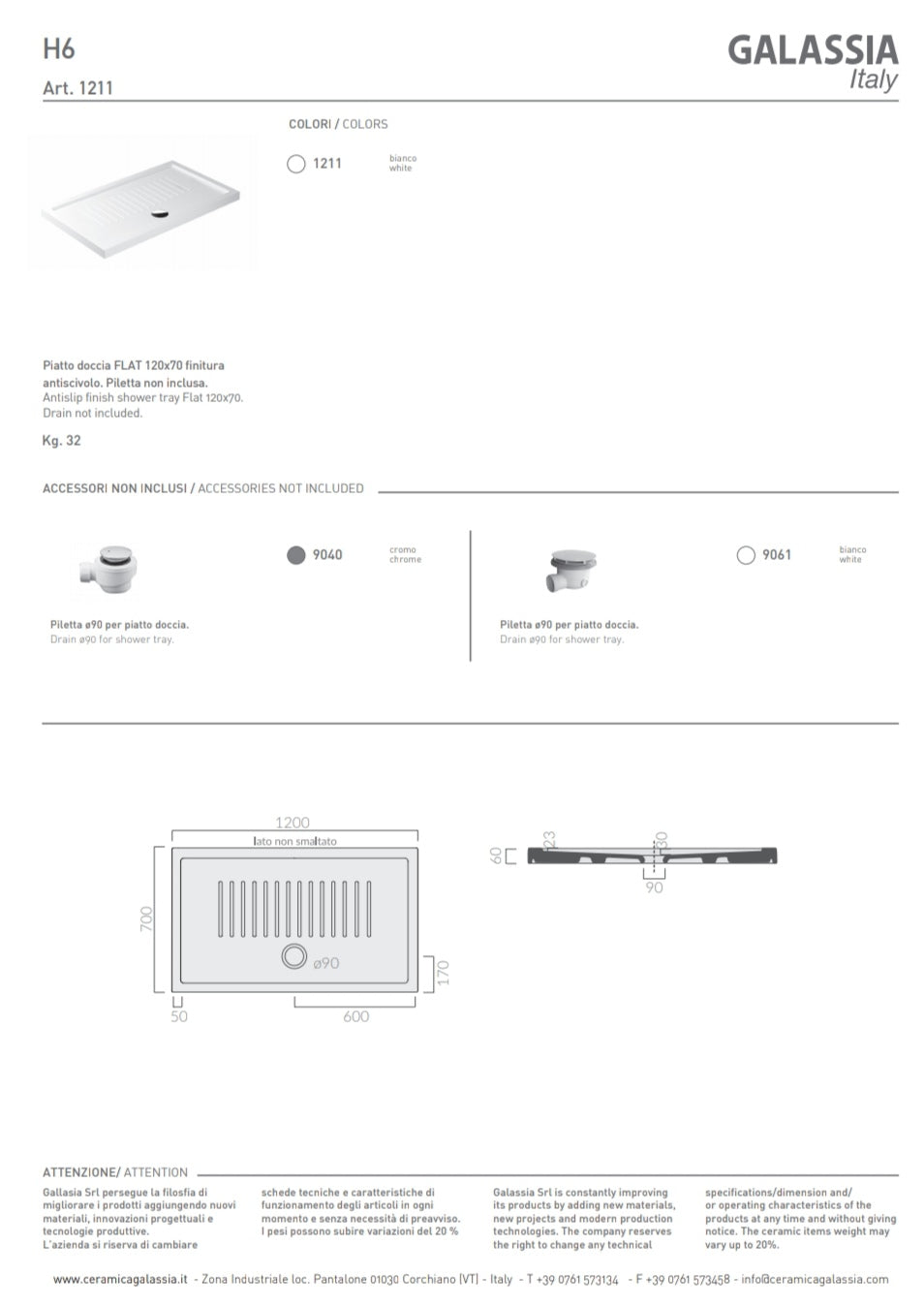 Receveur de douche plat 120x70 H6 Galassia