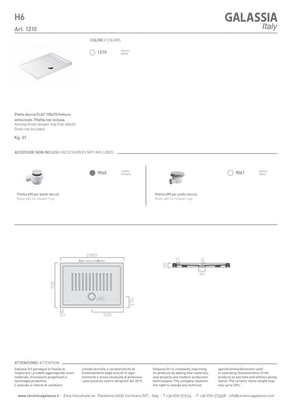 Flat Shower Tray 100x70 H6 Galassia