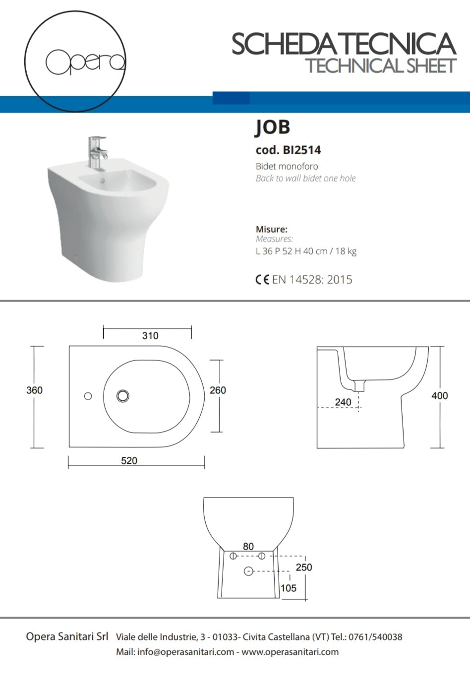 Job Single Hole Bidet Opera