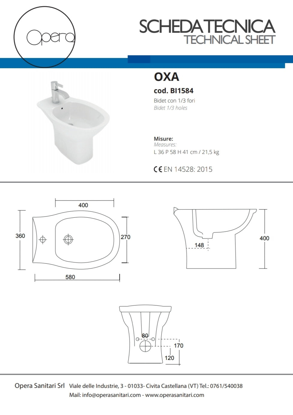 Oxa Bidet 1/3 B.co Opera