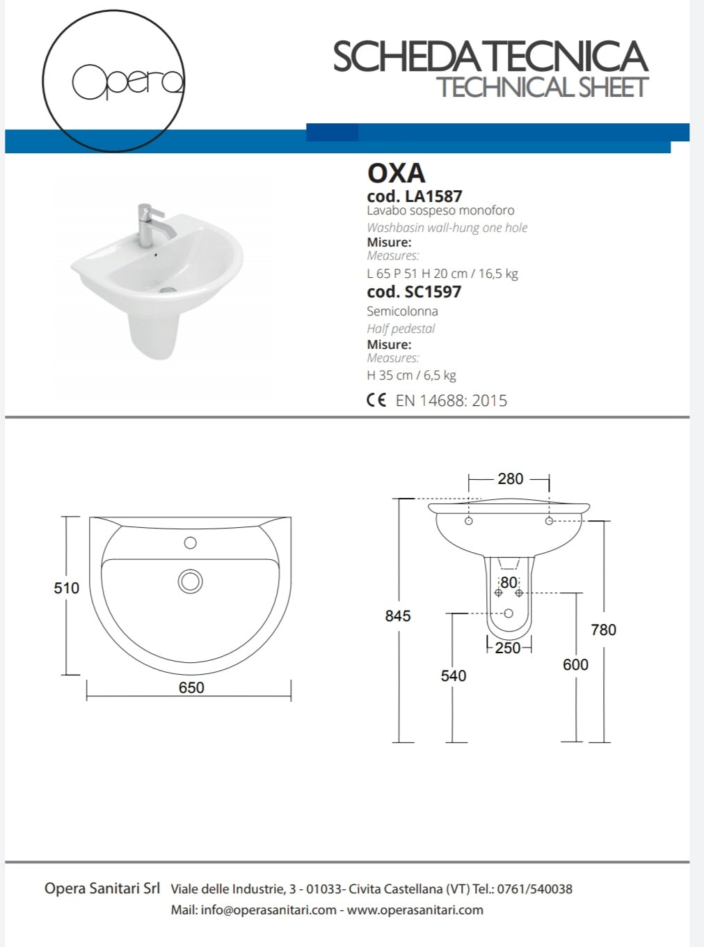 Oxa Lavabo cm.65 B.co Opera