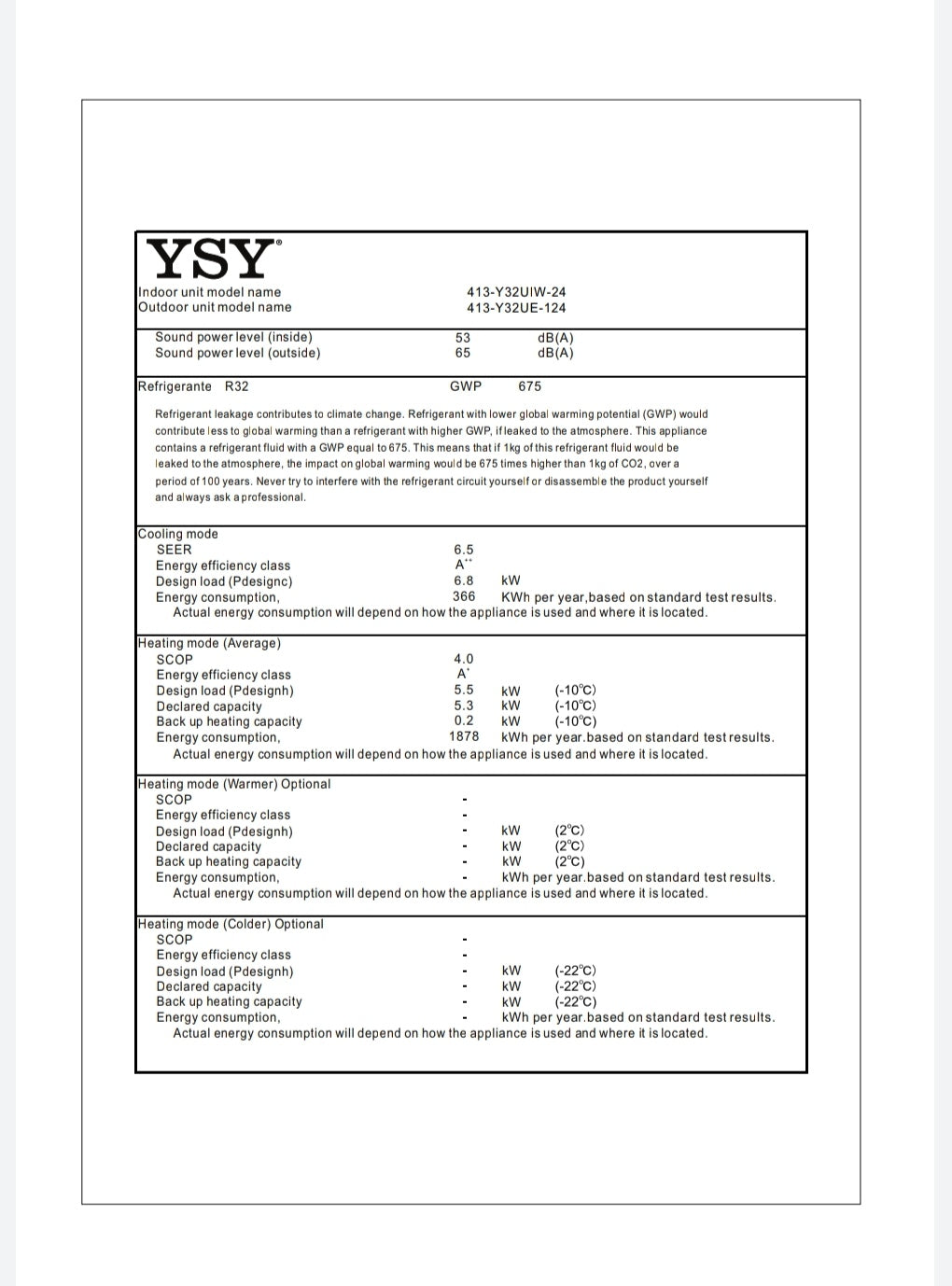 Climatizzatore YSY 12000 Btu R32 A++