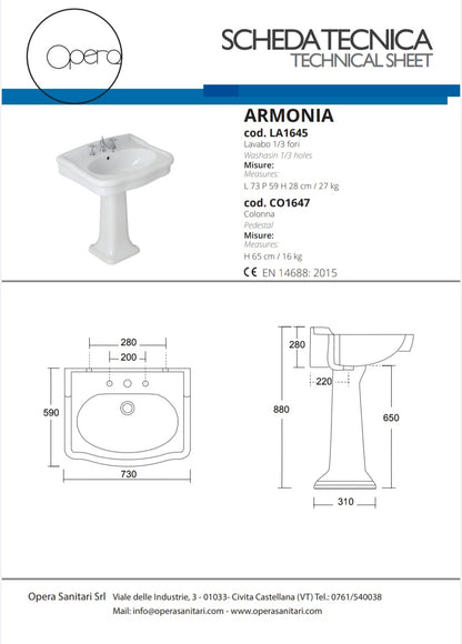 Lavabo Armonia Cm.72 Monof.Opera