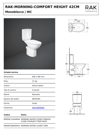 Vaso monoblocco Rimless Morning Rak scarico a pavimento