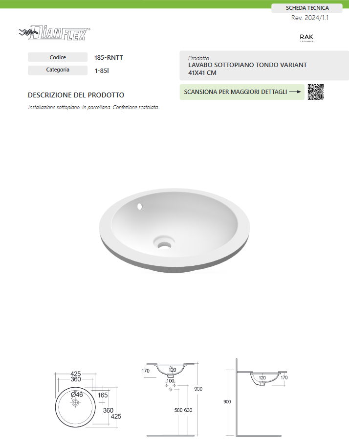 Lavabo sottopiano tondo 41x41 bianco Rak Variant