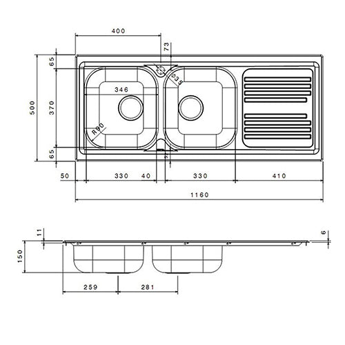 Lavello Incasso Cm. 116 DX Acciaio Inox Apell