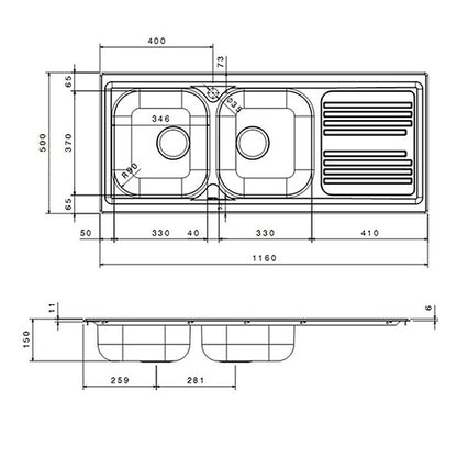 Lavello Incasso Cm. 116 DX Acciaio Inox Apell