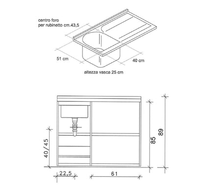 Mobile In Legno Con Lavatoio+Coprilavatrice 60x190xH89 Vasca a Destra Mod.Idex