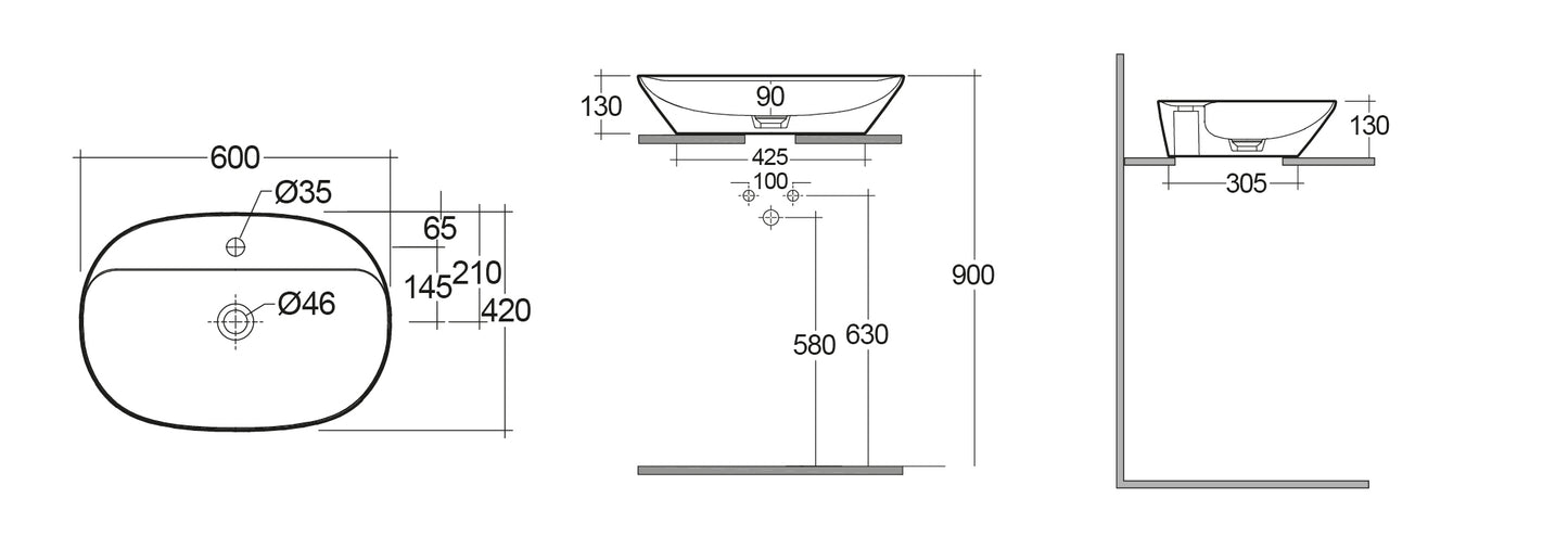 Variant Lavabo da appoggio ovale allungato (monoforo) 60x42 bianco Rak