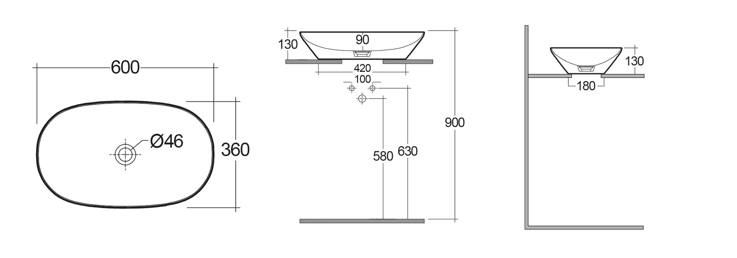 Variant Lavabo da Appoggio Ovale Allungato (senza foro) cm60x36 Bianco