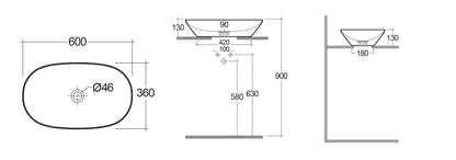 Variant Lavabo da Appoggio Ovale Allungato (senza foro) cm60x36 Bianco