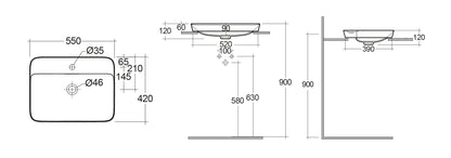 Variant Lavabo ad incasso rettangolare monoforo 55x42 bianco Rak