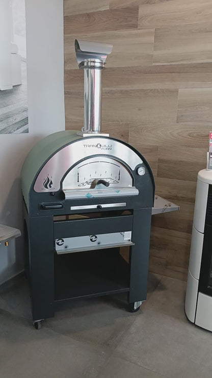 Forno a Legna Arde Medium Verde Satinato con Carrello Tranquilli Forni