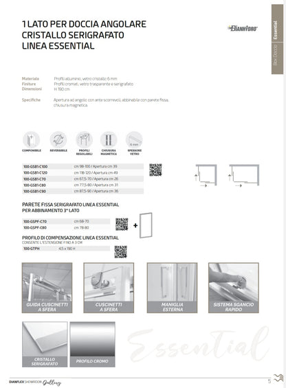 Lato Doccia cm 87,5-90 Cristallo Serigrafato 6 mm Linea Essential