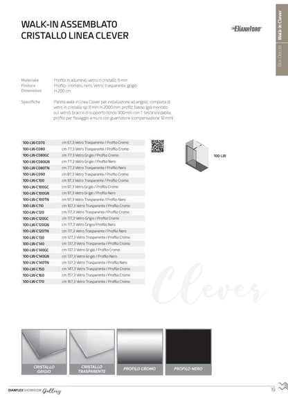 Walk-in cm 77,3 Cristallo Trasparente 6 mm Profilo Cromo Linea Clever