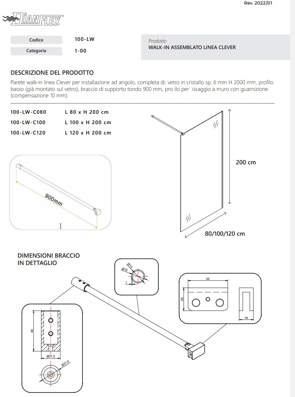 Walk-in cm 147,3 Cristallo Trasparente 6 mm Profilo Cromo Linea Clever