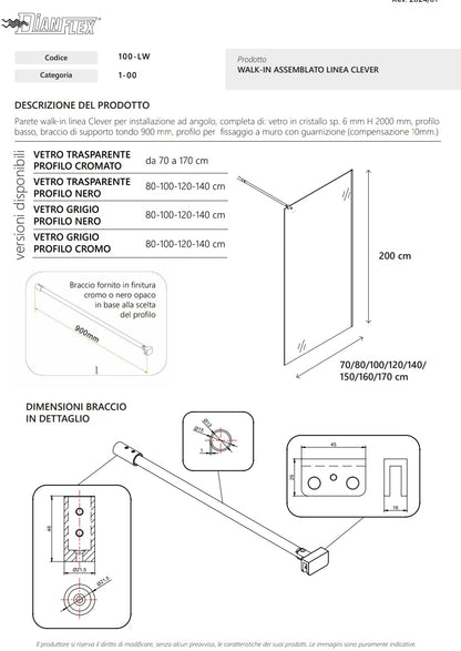 Walk-in cm 167,3 Cristallo Trasparente 6 mm Profilo Cromo Linea Clever