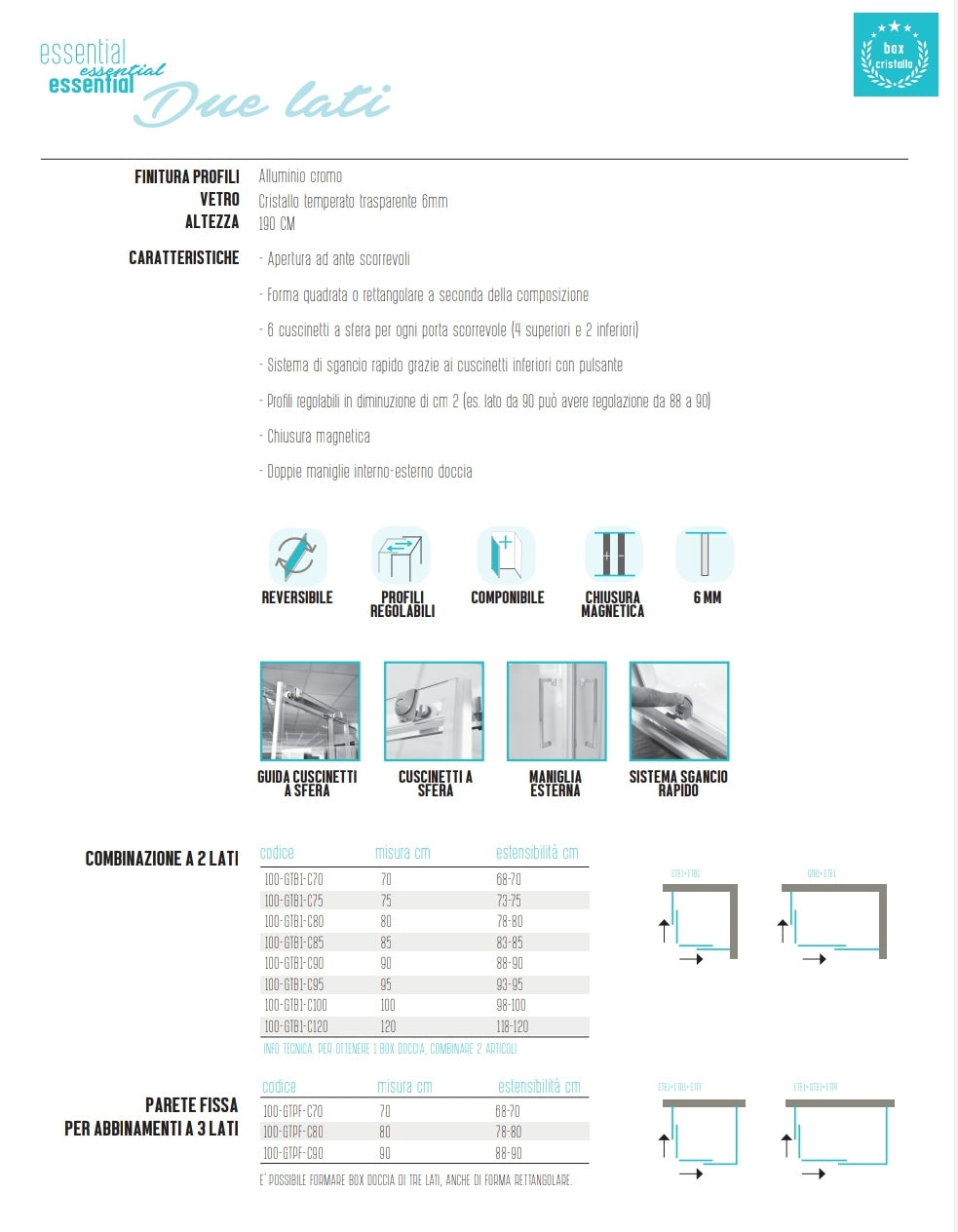 Lato Doccia cm 93-95 Cristallo Trasparente 6 mm Linea Essential