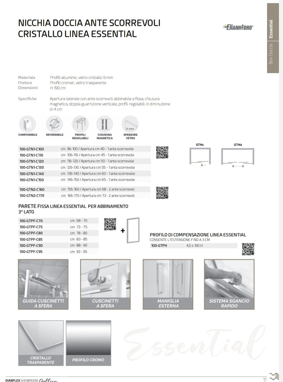 Nicchia Doccia cm 146-150 Cristallo Trasparente 6 mm Linea Essential