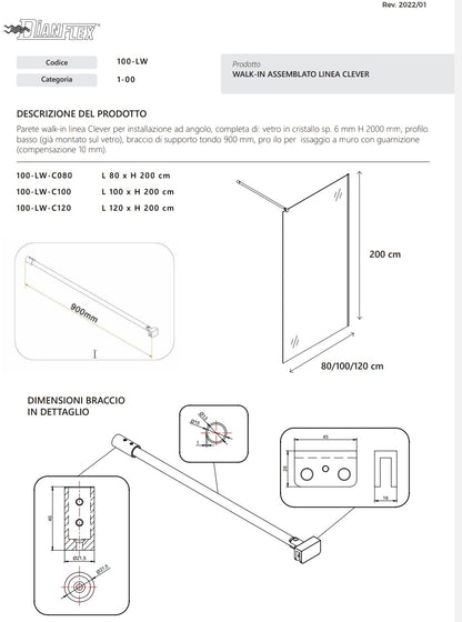 Walk-in cm 87,3 Cristallo Trasparente 6 mm Profilo Cromo Linea Clever