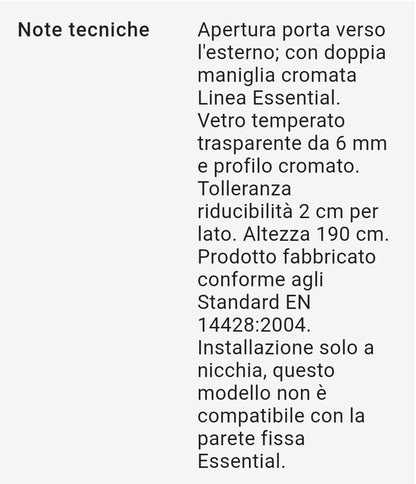 Porta Doccia Pivotante cm 88-92 Cristallo Trasparente 6 mm Linea Essential